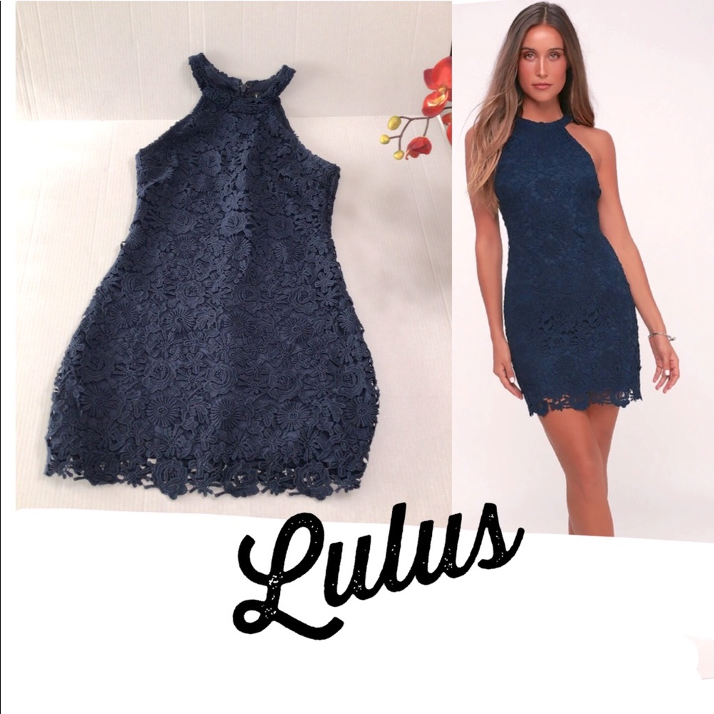 LULUS navy blue lace floral mini dress